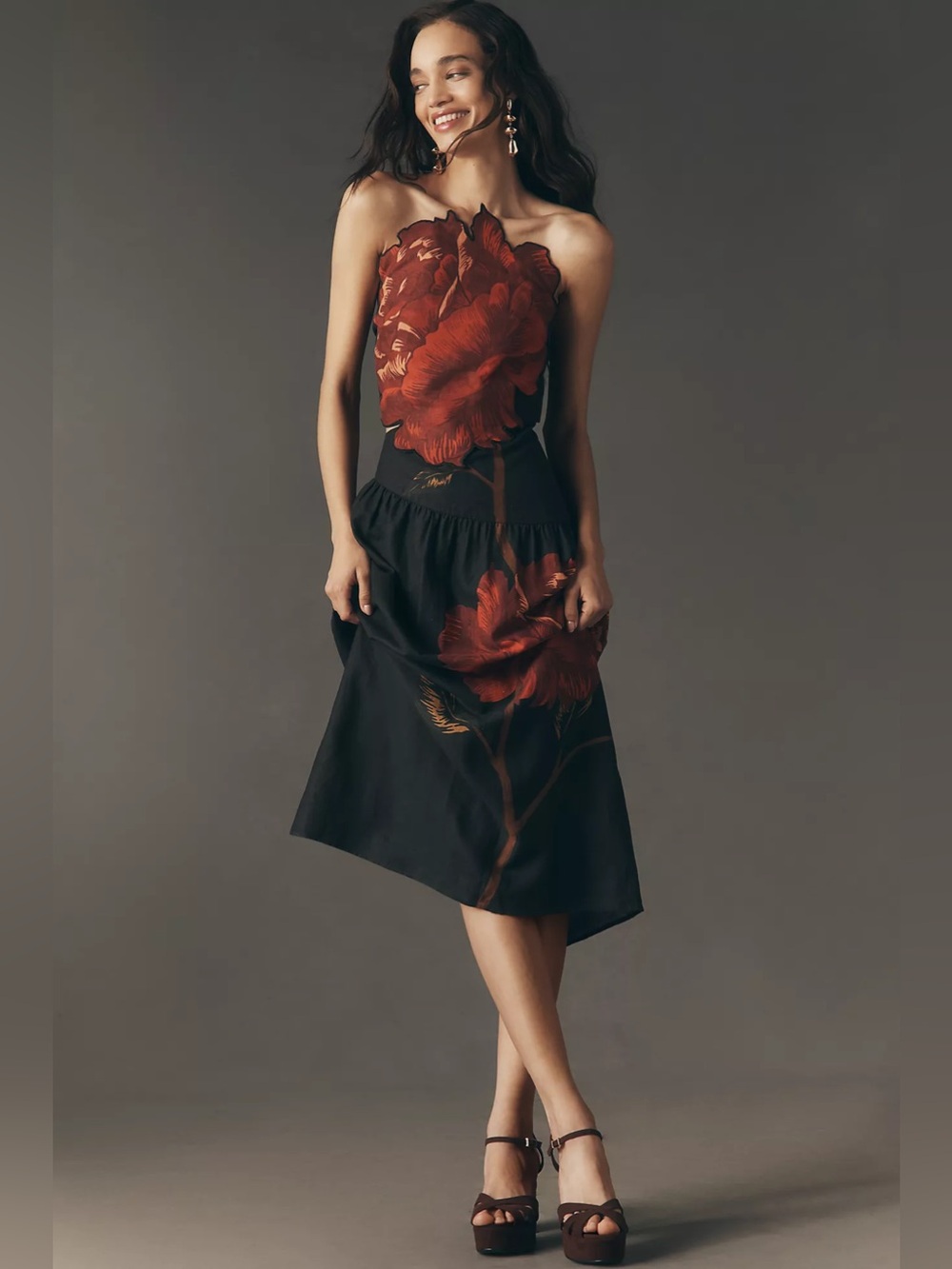 Farm Rio Rosalia Linen Blend Black Floral Strapless Midi Dress - Picture 4 of 12